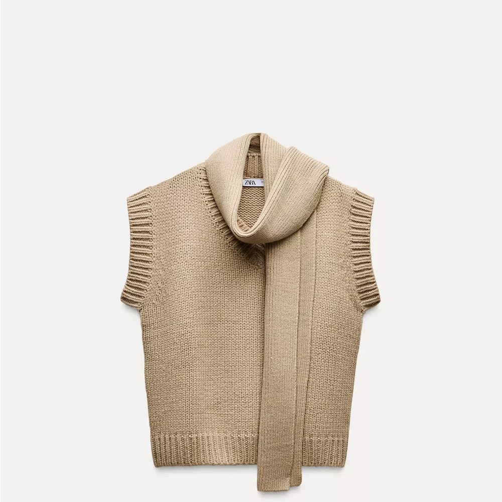 ZARA women Sleeveless Crewneck Knit Sweater with Attached Scarf - Beige